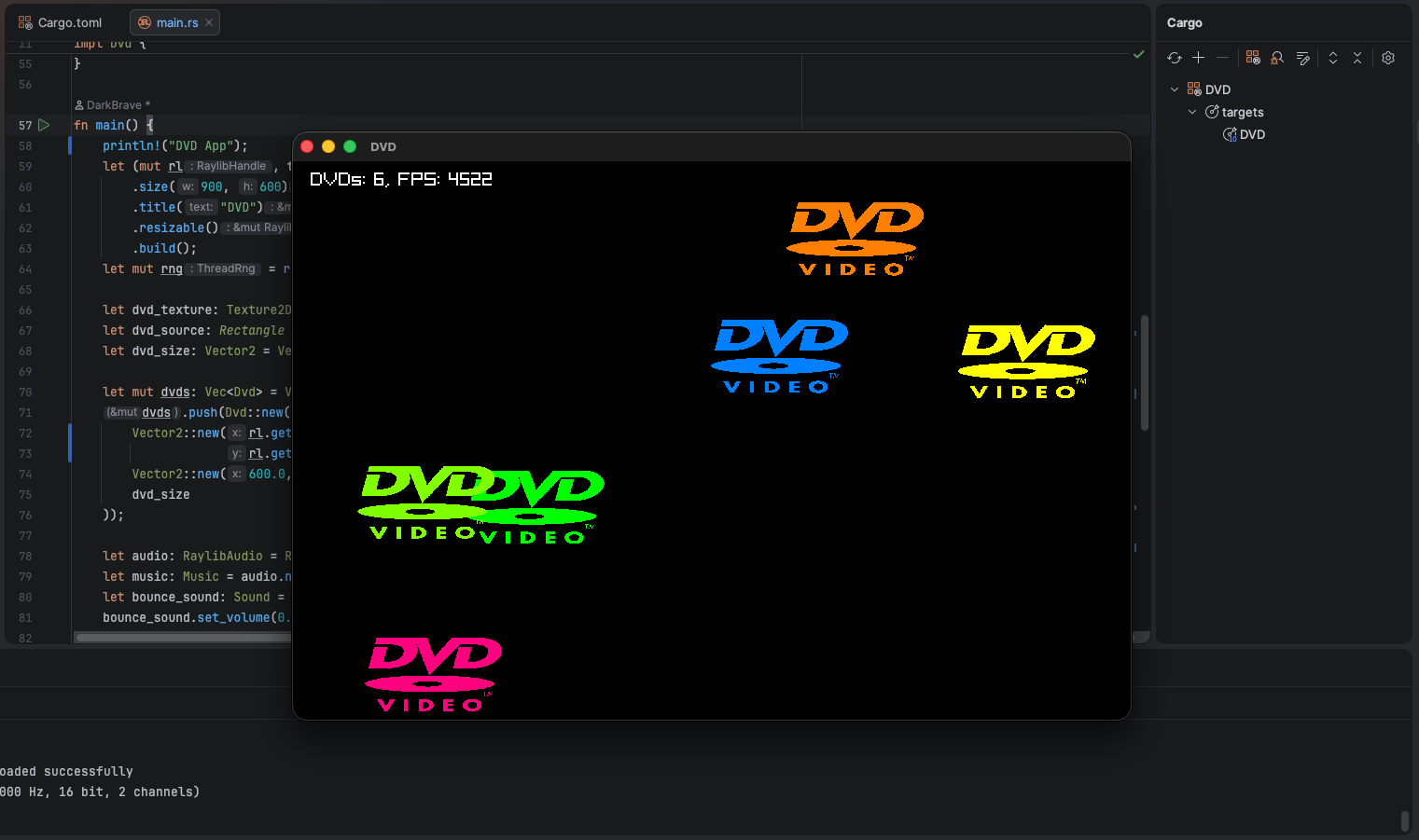 A handfull of colorful DVD logos bouncing around a black window, with the source code for the application in the background open in RustRover